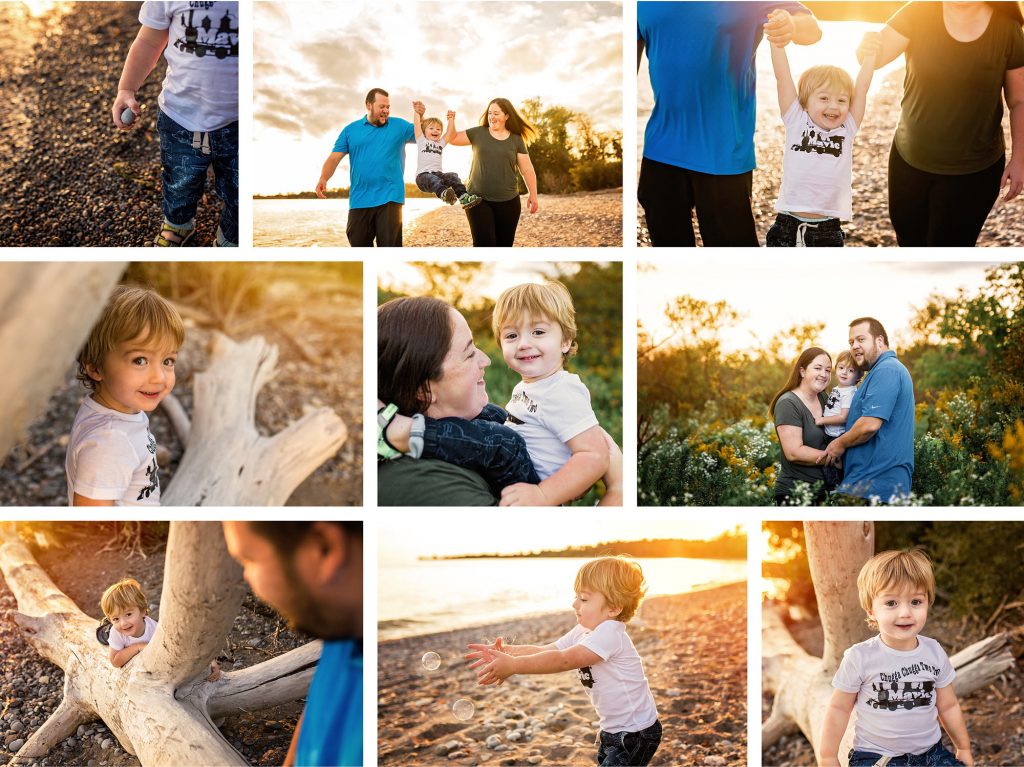 photo collage of 2 year old with parents at the beach