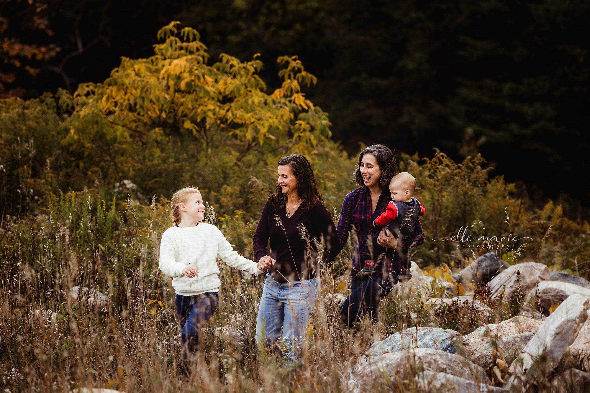 a family of 4 walks through the forest